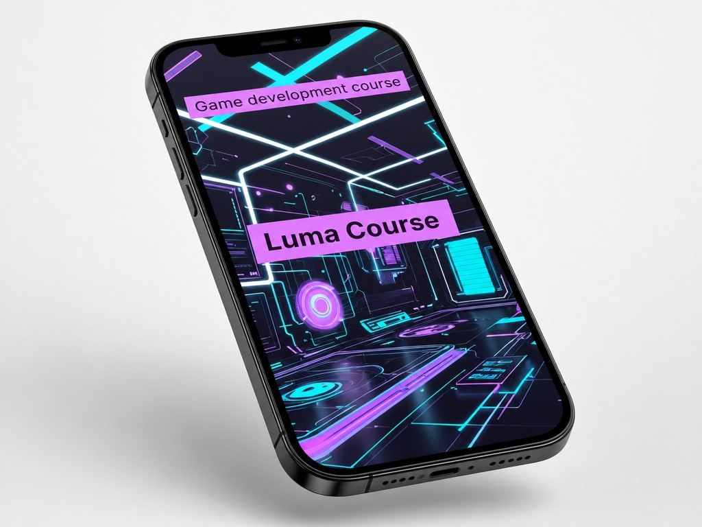 Phone displaying a game development course with 'Luma Course' on a gray background