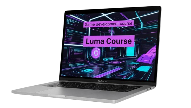 Laptop displaying a game development course with 'Luma Course' branding on a white background