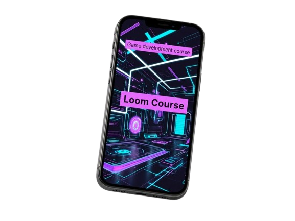 Phone displaying a game development course on a white background