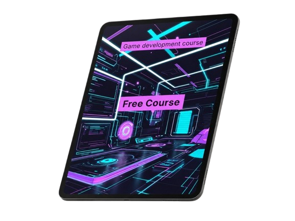 Digital tablet with a futuristic interface design and text about a free game development course.
