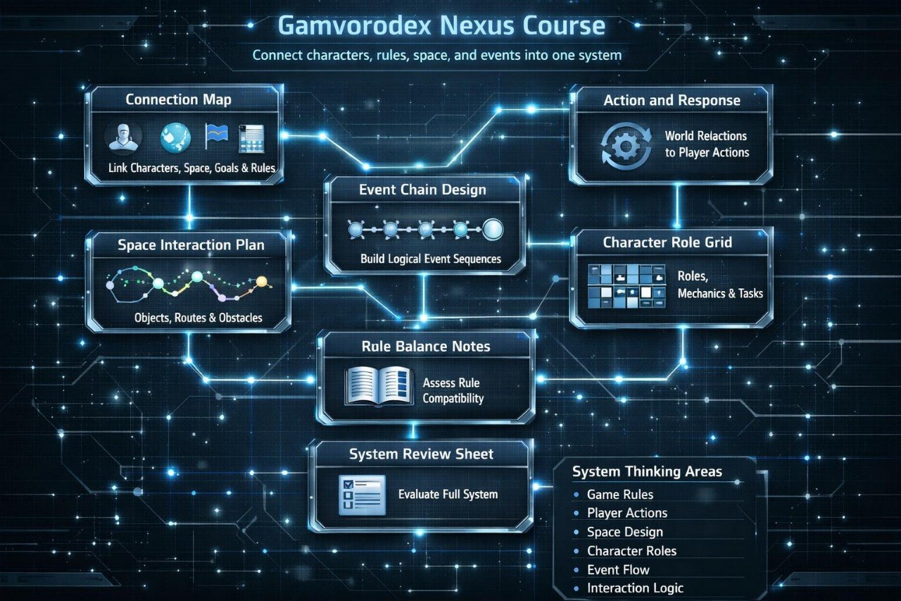 Diagram of Gamvorodex Nexus Course with interconnected nodes on a dark background