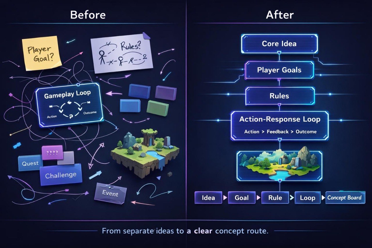 Comparison of game design concepts before and after simplification on a dark background.
