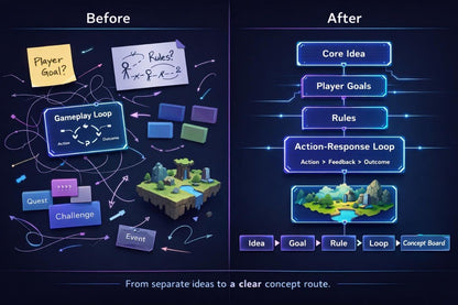 Comparison of game design concepts before and after simplification on a dark background.