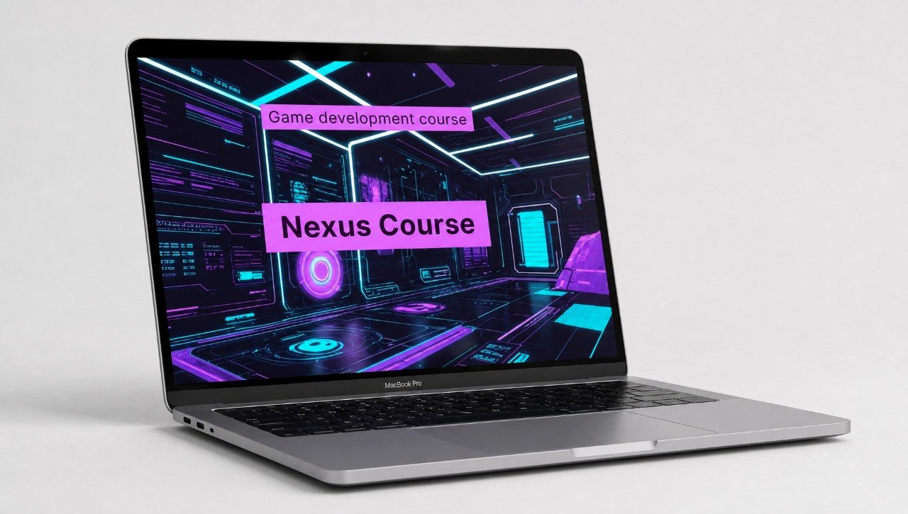 Laptop displaying a game development course on a white background