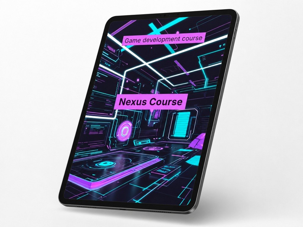 Tablet displaying a game development course interface with futuristic design elements.