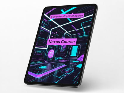 Tablet displaying a game development course interface with futuristic design elements.