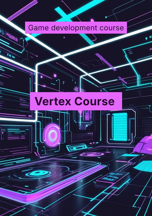 Game development course promotional graphic with futuristic interior design and neon colors.