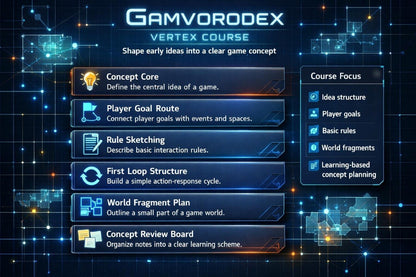 Game development course outline with futuristic design elements on a dark background
