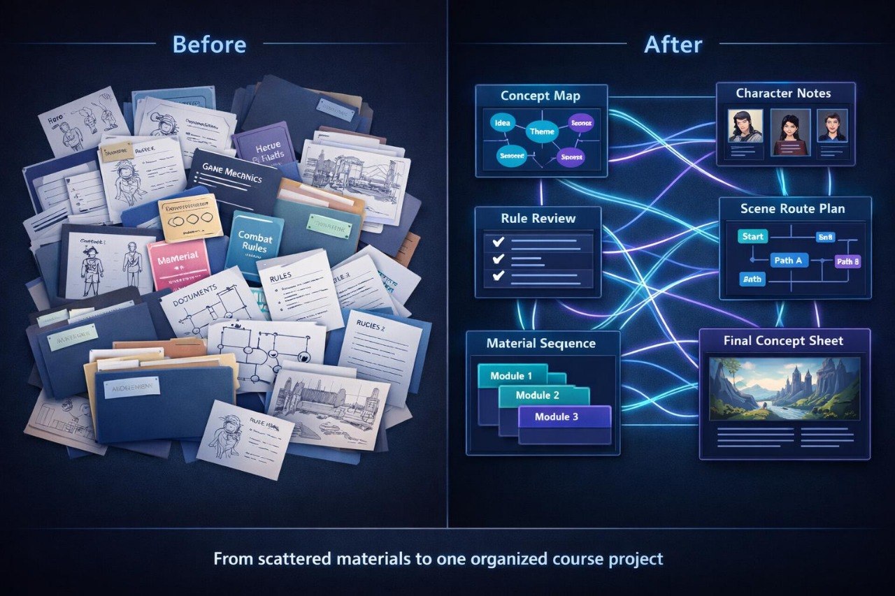 Comparison of scattered materials on the left and organized project elements on the right with text 'Before' and 'After'.