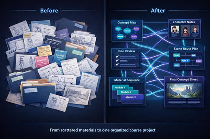 Comparison of scattered materials on the left and organized project elements on the right with text 'Before' and 'After'.