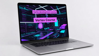 Laptop displaying a game development course with 'Vertex Course' on a white background