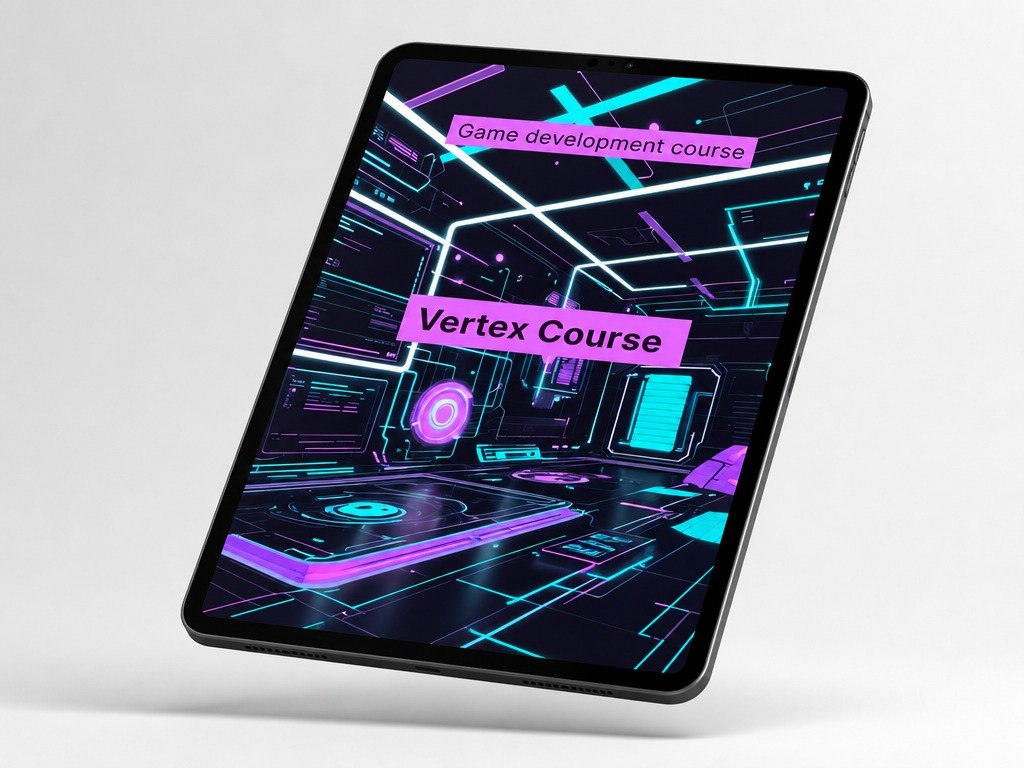Tablet displaying a game development course with futuristic design on a white background