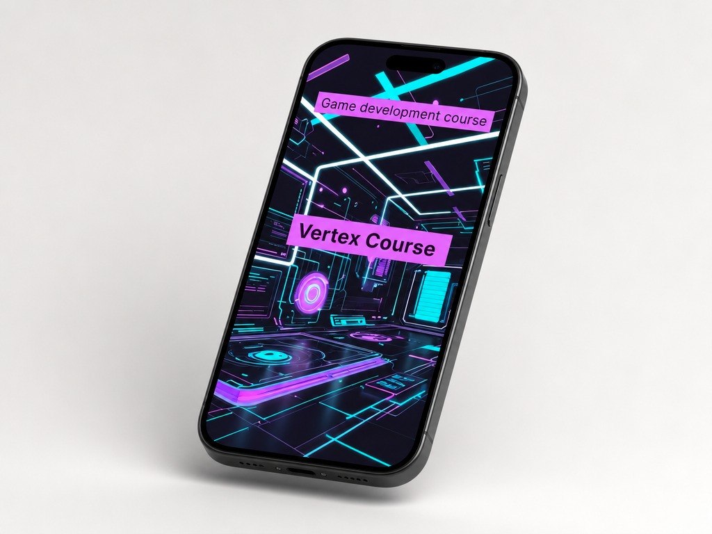 Phone displaying a game development course app with futuristic design on a light gray background